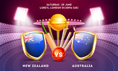 Cricket match between New Zealand vs Australia with illustration of country flag shields and cricket equipments on night stadium view background.