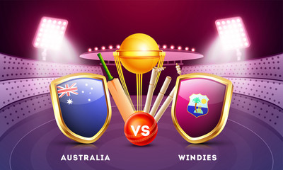 Australia vs Windies cricket match poster design with countries flag shields, champion trophy, cricket bat and ball illustration on night stadium view background.