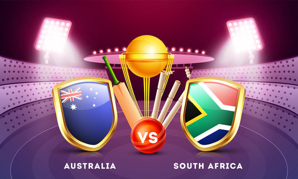 Cricket match participating country Australia Vs South Africa with golden trophy, cricket bat and ball on night stadium view background.