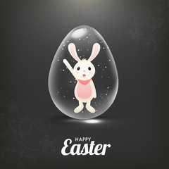 Cute bunny illustration inside transparent easter egg on glossy black background for Happy Easter greeting card design.