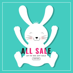 Cute bunny illustration on green background for all happy easter sale template or poster design.