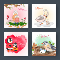 Mother's Day greeting card set with cute animals character.