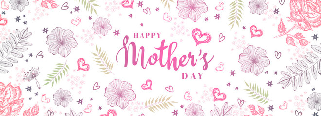 Happy Mother's Day header or banner design decorated with memphis style florals and heart shapes.