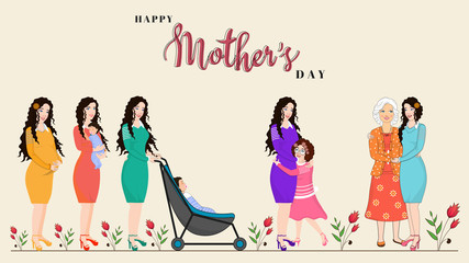 Fototapeta na wymiar Happy Mother's Day poster or banner design, vector illustration of life cycle of a mother from pregnancy to old age.