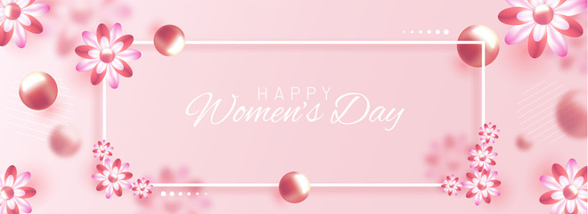 Happy Women's Day header or banner design with realistic flowers decorated on blurred pink background.