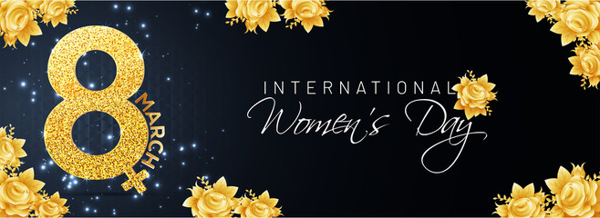 Fototapeta premium Glitter lettering of 8 march with golden rose flowers illustration for International Women's Day celebration header or banner design.