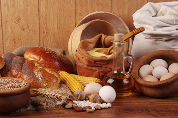 Ingredients for the preparation of bakery products. Flour, eggs, wheat.