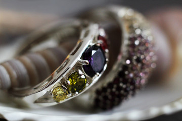 Jewelery with diamonds, two rings on the shell