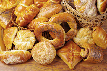 Bakery products on wooden table
