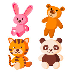 Obraz na płótnie Canvas Children Soft Toys Vector. Bear, Tiger, Hare, Panda. Isolated Flat Cartoon Illustration