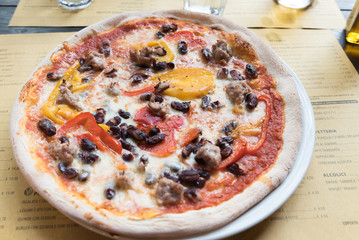 Neapolitan pizza sausage with peppers and mushrooms