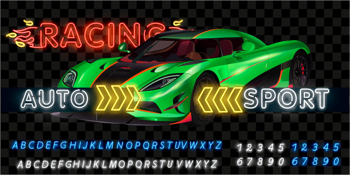 Very fast racing machine. Auto racing at Le Mans. Ring races. Of twenty-hour race. Icon of motorsports. Painted racing car. Front view. Car design