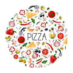 Banner for pizza box. Traditional different ingredients for italian pizza: vegetables, olive oil, herbs, disc knife.