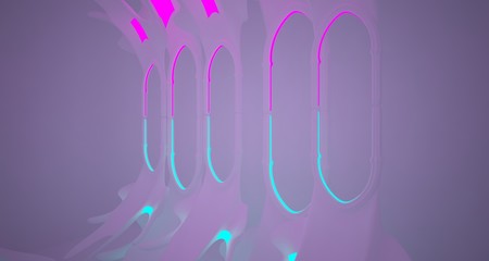Abstract  white Futuristic Sci-Fi Gothic interior With Pink And Blue Glowing Neon Tubes . 3D illustration and rendering.