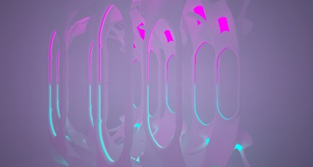 Abstract  white Futuristic Sci-Fi Gothic interior With Pink And Blue Glowing Neon Tubes . 3D illustration and rendering.