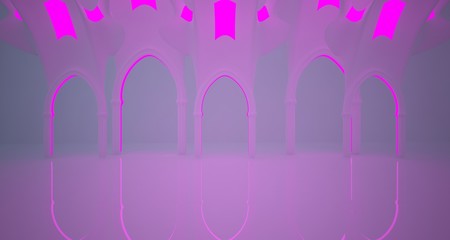 Abstract  white Futuristic Sci-Fi Gothic interior With Pink And Blue Glowing Neon Tubes . 3D illustration and rendering.