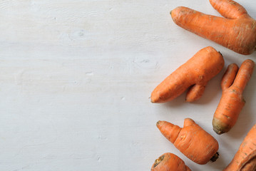 Imperfect carrots with ugly shapes. Copy space