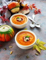 Bowls of pumpkin soup