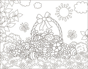 Decorated Easter basket and painted eggs among flowers on a sunny spring day, black and white vector illustration in a cartoon style for a coloring book