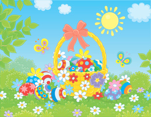 Colorfully decorated Easter basket and painted eggs among flowers on a sunny spring day, vector illustration in a cartoon style