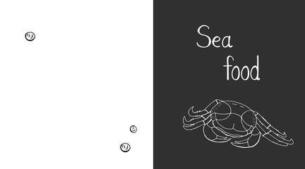 Vector seafood background on black and white background. Background with crab, business card