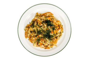 VegetVegetarian menu. Braised cabbage with carrots on white platearian menu. Braised cabbage with carrots on white plate. Studio Photo