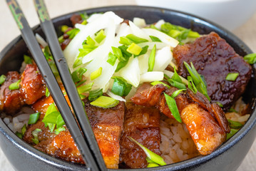 Rice bowl and fried pork belly, close-up - a traditional asian dish: chinese, japanese and korean.