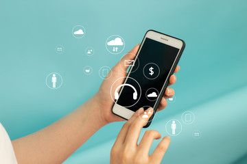 girl with smartphone and blue background business for network concept data icon