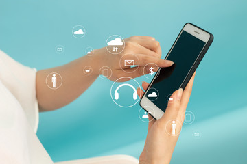 girl with smartphone and blue background for network business concept data icon