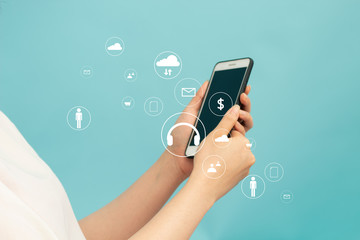 girl with smartphone and blue background for network concept and data icon