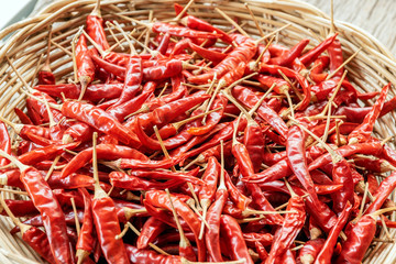 Close-up group of red dried peppers in a wicker basket.