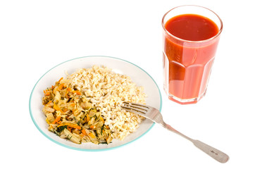 Vegetarian healthy food. Braised cabbage with carrots, brown rice.