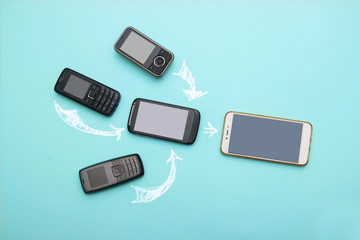 evolution of cell phones. Technology development telephone and pda concept. Vintage and new phones....