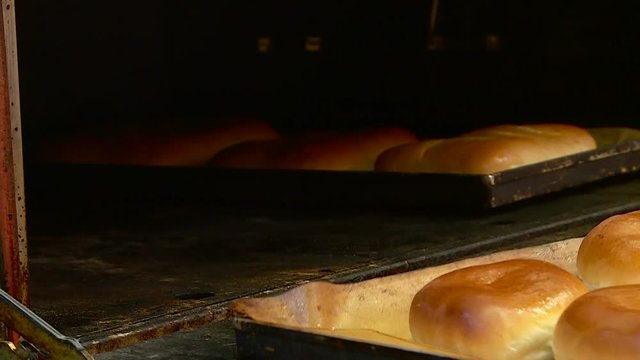 a worker in the bakery makes cheesecake pies and bakes them in the oven