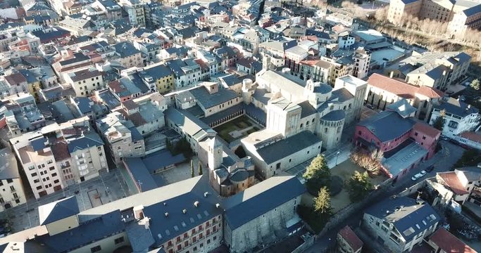 Aerial view of Spanish city of la Seu d'Urgell with Romanesque Cathedral of Santa Maria in autumn day