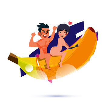woman and men having fun on banana with condom. vector illustration