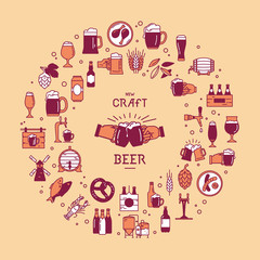Circular style set of colorful icons on the topic of beer, its production and use in vector format with place for the text. Craft Beer pixel-perfect icons in the modern style isolated on background.
