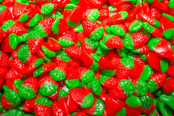 Jelly strawberries, sweet candy colorful detail texture.