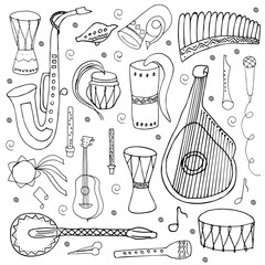 Set of hand drawn traditional Slavic, Ukrainian musical instruments isolated on a white background. Reed pipe, kobza, buhay, sopilka, bandura, pan flute etc. © Kate Antonenko