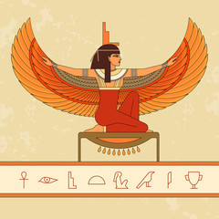 The Egyptian goddess Isis and set of Egypt hieroglyphs. Animation portrait of the beautiful Egyptian woman. Vector illustration isolated on background. Print, poster, t-shirt, tattoo.