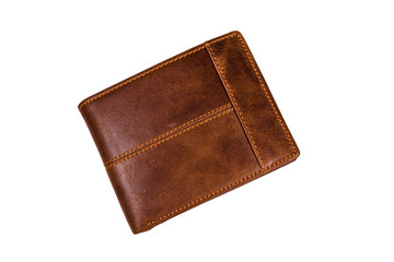 Closed brown leather wallet isolated on a white background