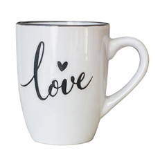 A white cup with the inscription love on a white isolated background_
