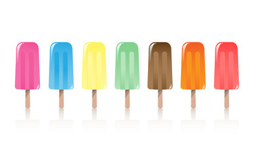 Rainbow colored fruity set of seven frozen popsicles.