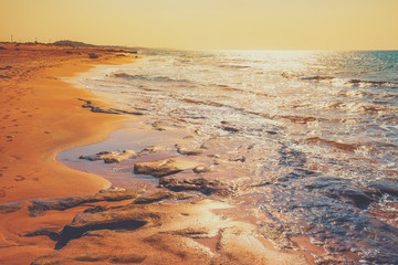 Rocky coast in summer. Beautiful seascape. Sunset beach