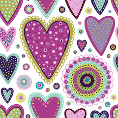 Seamless pattern with colourful hearts and circles on the white background.