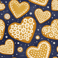 Seamless pattern with gingerbread hearts on dark blue background