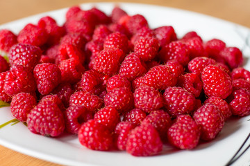 Red ripe raspberries on a white plate. The background of raspberry berries_