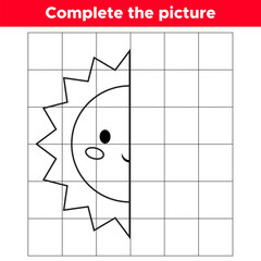 Complete the picture kawaii sun. Copy the picture. Educational game for children. Coloring book. Space day. Vector illustration.