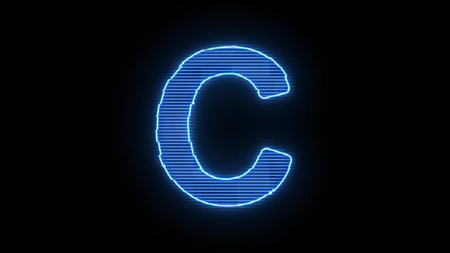 Alphabet letter C blue hologram distorted text 4K animation
