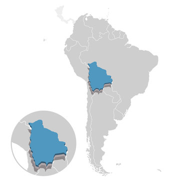 Vector illustration of Bolivia in blue on the grey model of South America map with zooming replica of country